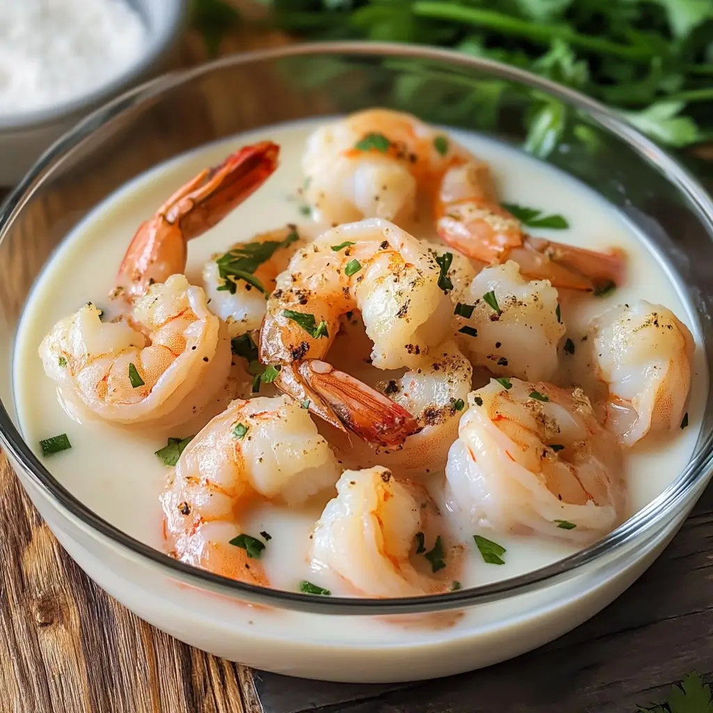 Shrimp submerged in milk to remove fishy odors and enhance tenderness.