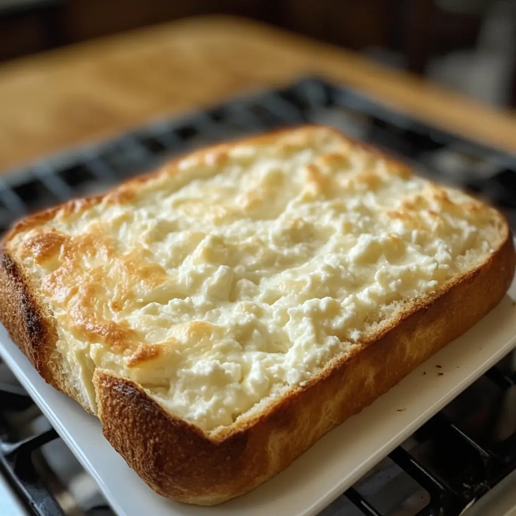 A rustic cottage cheese bread loaf with a light, airy texture.