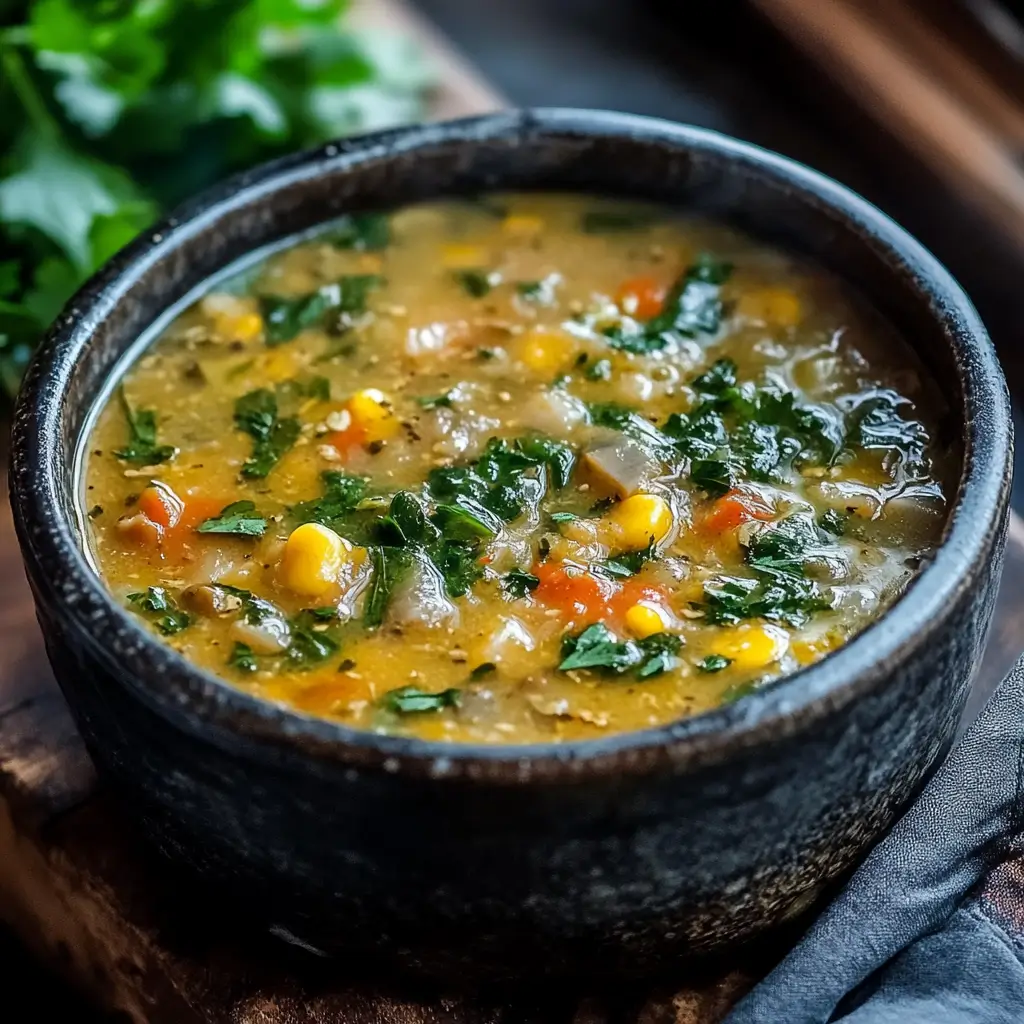 A steaming bowl of thick and hearty swamp soup garnished with fresh herbs.