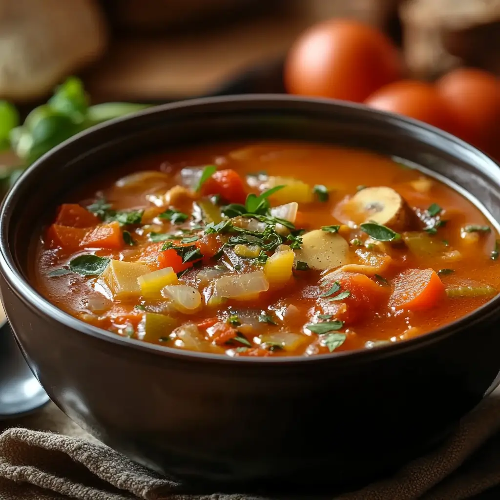 A hearty bowl of tomato-based soup with vegetables, ground meat, white beans, and fresh parsley.