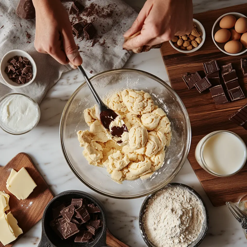 A tall stack of golden chocolate chip cookies on a wooden cake stand, surrounded by scattered chocolate chips.