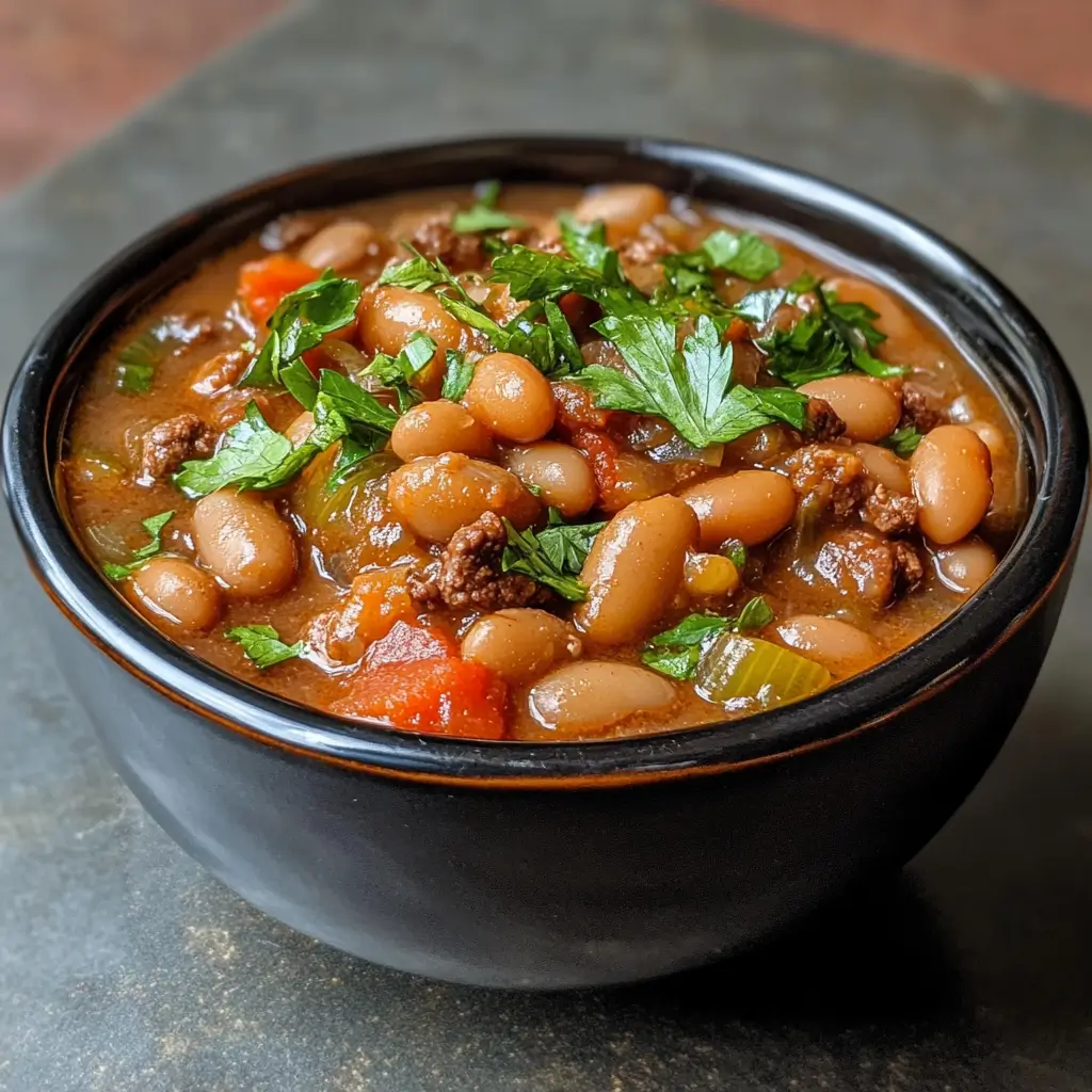A hearty dish of cowboy beans featuring beans, meat, vegetables, and a rich sauce.