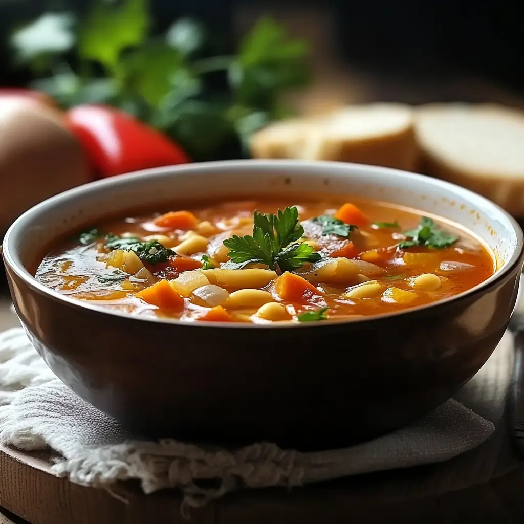 A steaming bowl of homemade soup with a tomato base, garnished with parsley, served with rustic bread.