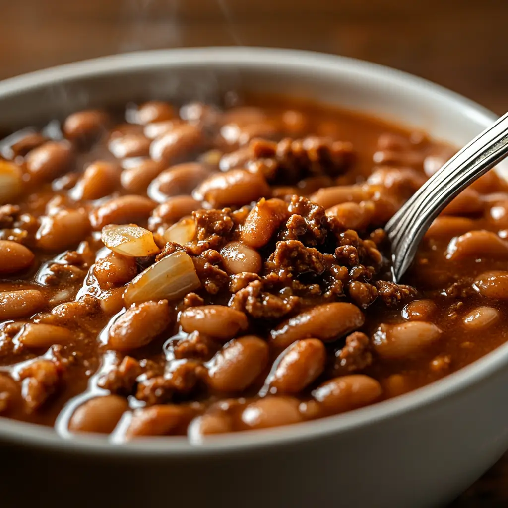 A steaming bowl of thick calico beans with ground beef, rich sauce, and tender beans.