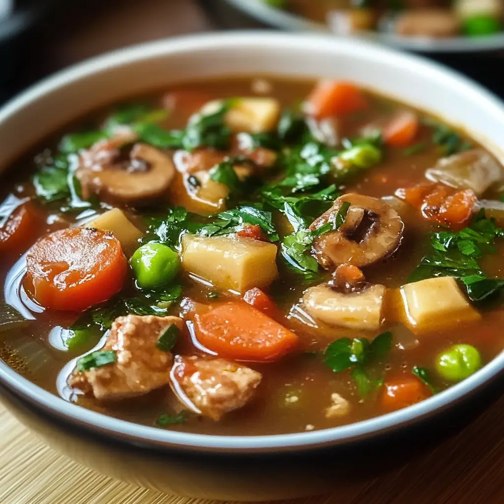 A steaming bowl of rich, flavorful soup garnished with fresh herbs and served with crispy bread.