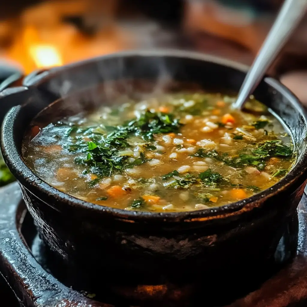 A close-up of a creamy, rich swamp soup with a wooden spoon scooping a thick portion.