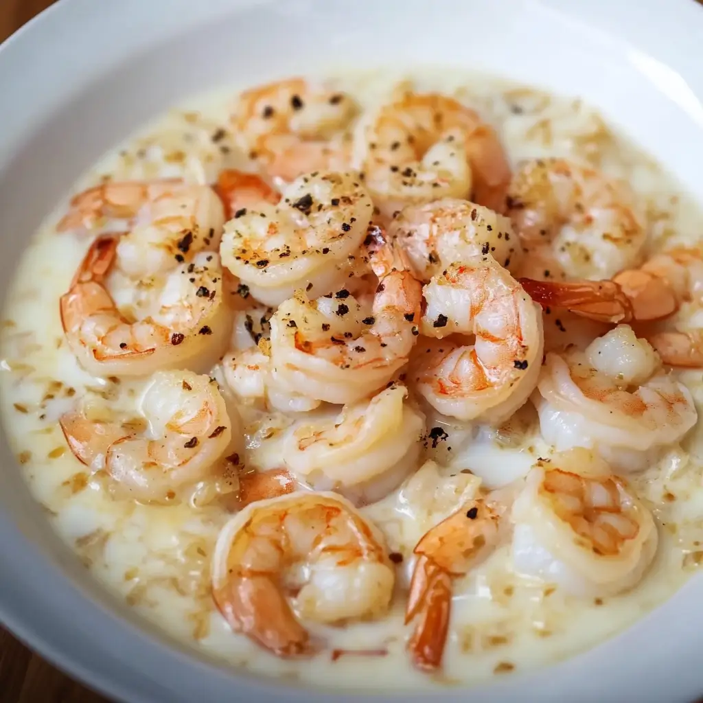 Close-up of shrimp in a milk bath, a cooking technique for juicier fried shrimp.