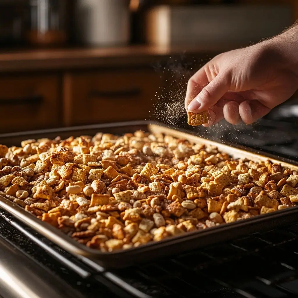 A hand sprinkling seasoning over a freshly baked tray of Chex mix, filled with cereal squares, nuts, and pretzels, sitting on an oven rack.