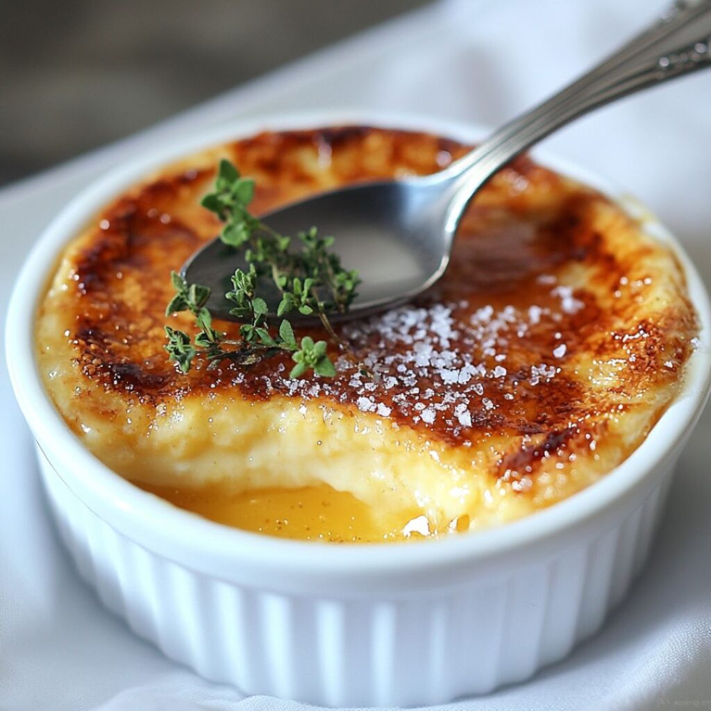 A close-up of a crab brulee in a white ramekin, topped with a golden caramelized crust, garnished with fresh thyme and a sprinkle of sea salt. A silver spoon rests on top, partially breaking into the creamy custard.