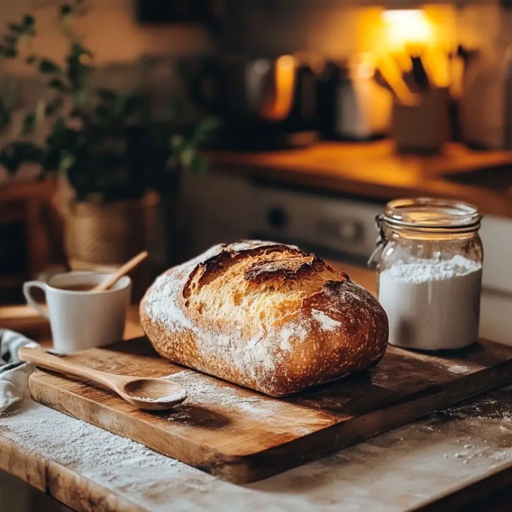 A freshly baked, golden-brown loaf of sourdough bread on a wooden cutting board, with a jar of sourdough starter, a wooden spoon, and a bowl of sea salt beside it. A cozy kitchen atmosphere with flour scattered on the counter and a cup of tea nearby.