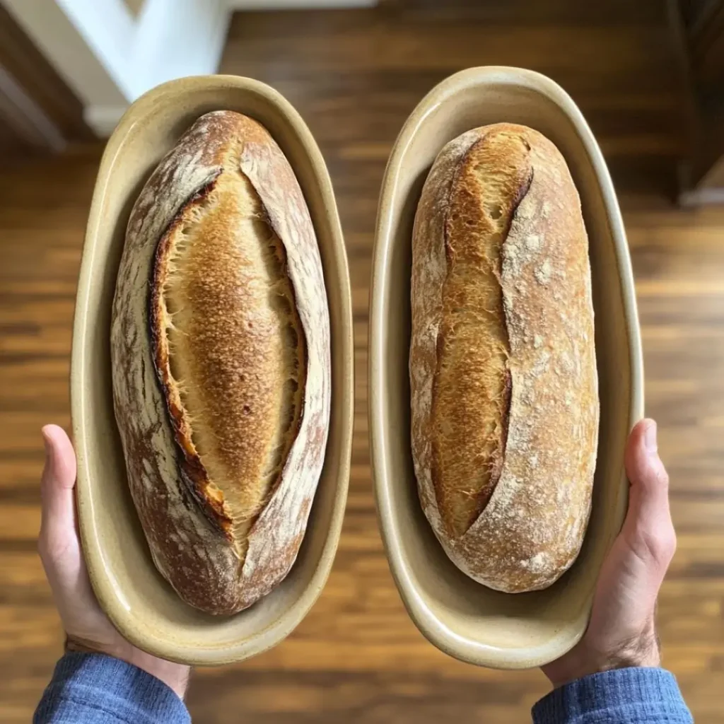 A side-by-side comparison of store-bought sourdough bread and homemade sourdough, both on rustic wooden boards. The homemade loaf has a golden-brown crust and a rustic texture, while the store-bought loaf appears uniform and neatly sliced.