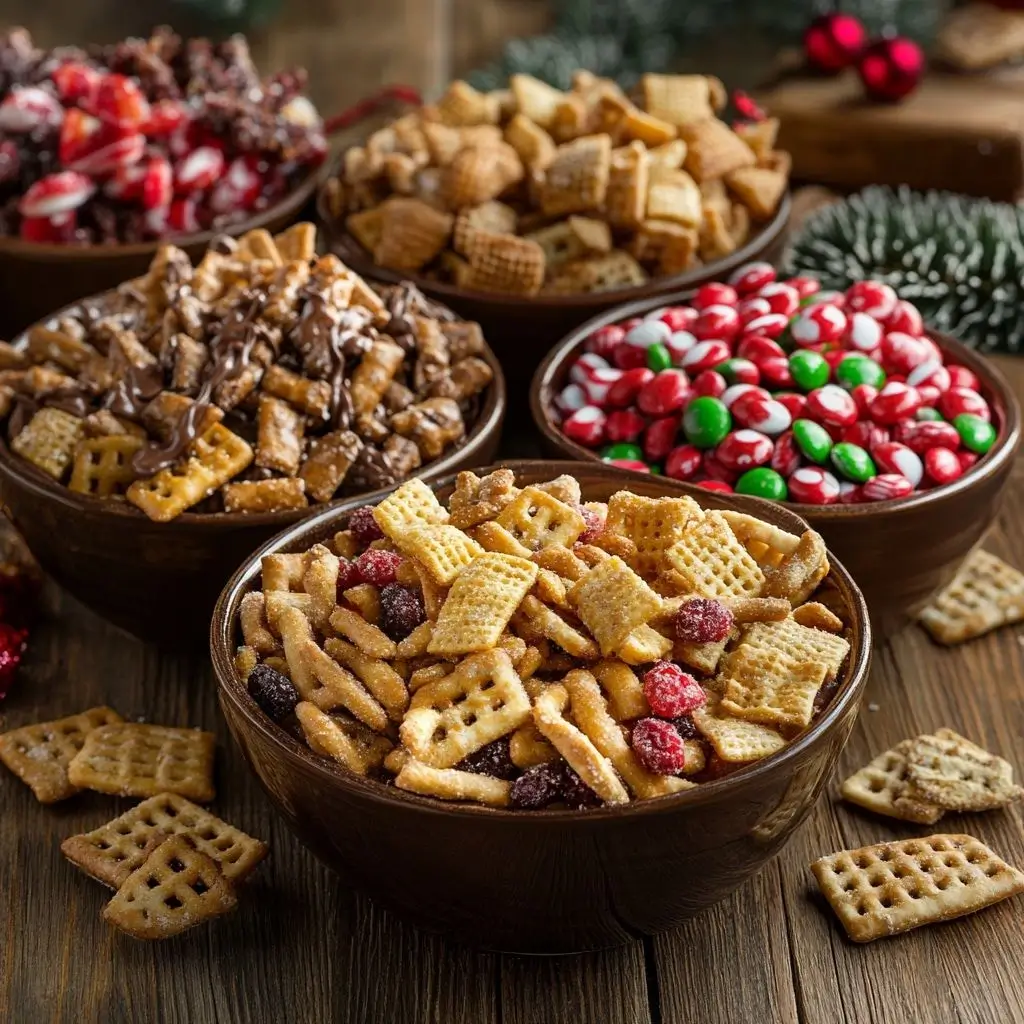 Assortment of different Chex Mix variations including Sweet, Spicy, and Holiday-themed versions, displayed in elegant bowls on a rustic wooden table. Sweet Chex Mix with chocolate and dried cranberries, Spicy Chex Mix with cayenne pepper and spicy pretzels, and a festive Holiday Chex Mix with M&Ms, candy corn, and chocolate-covered pretzels.
