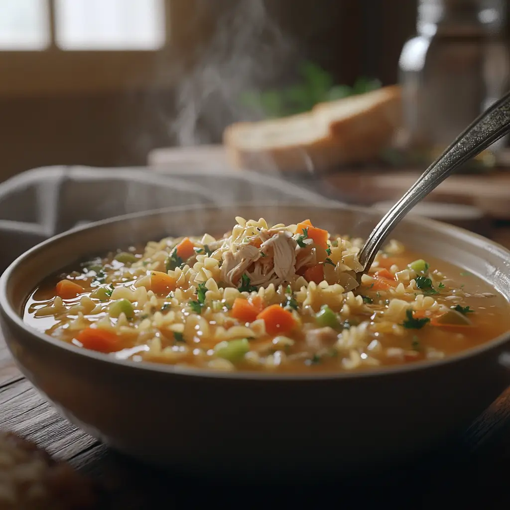 A spoonful of warm chicken pastina soup, showcasing tender chicken, pasta, and fresh vegetables.