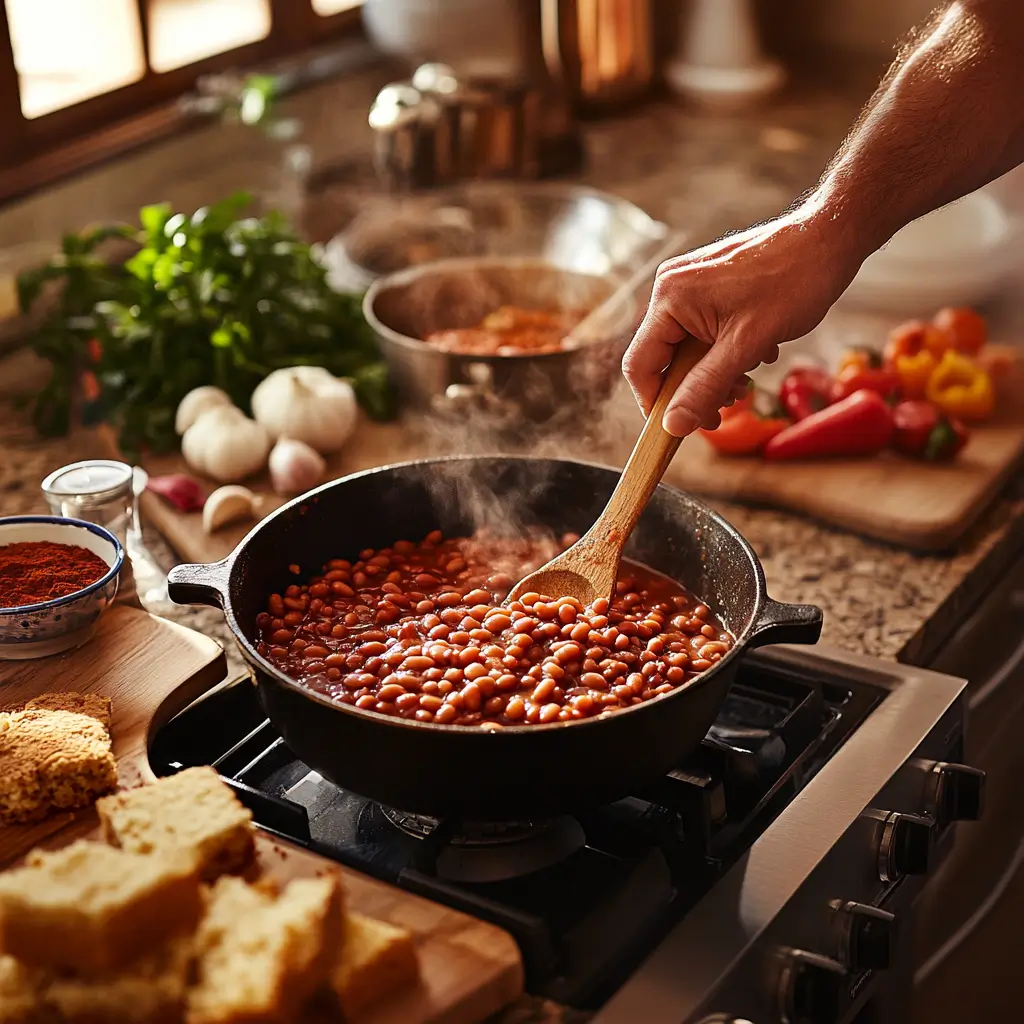 A bowl of cowboy beans with ground beef, pinto beans, tomatoes, and fresh parsley.
