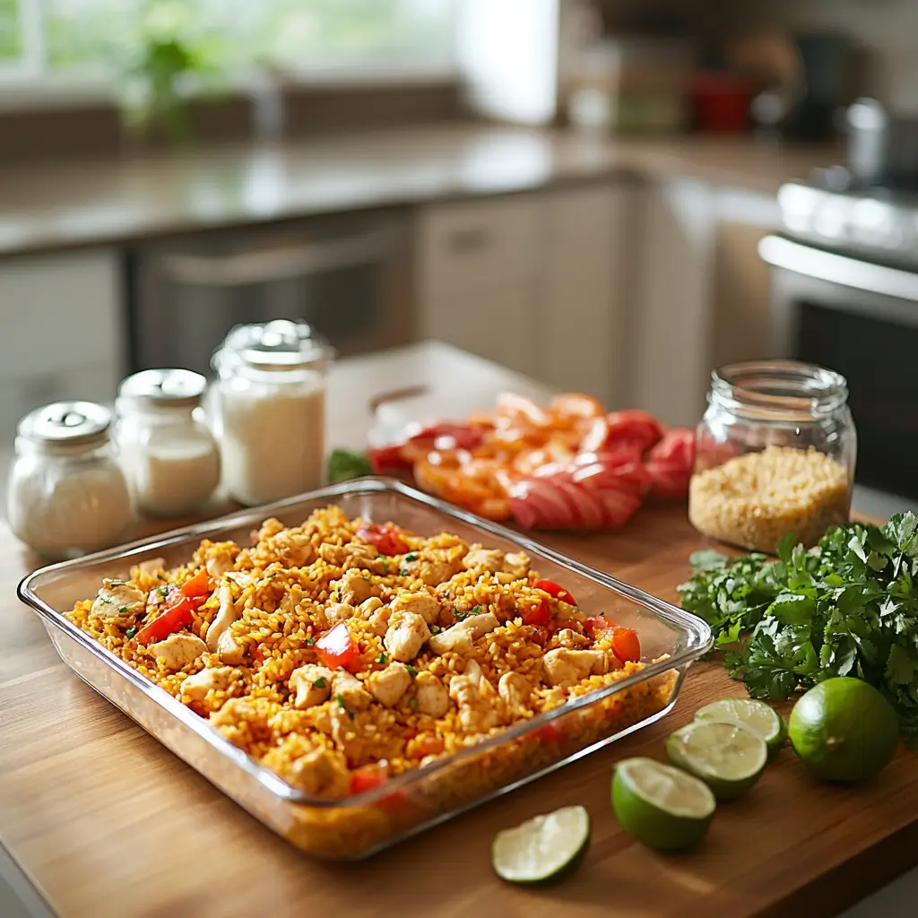 A beautifully plated Puerto Rican dish with seafood, rice, and vegetables.