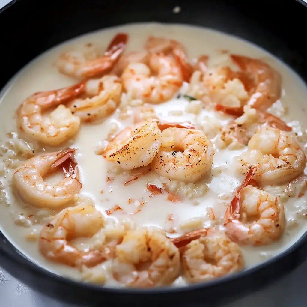 A bowl of fresh shrimp immersed in milk, preparing for frying.