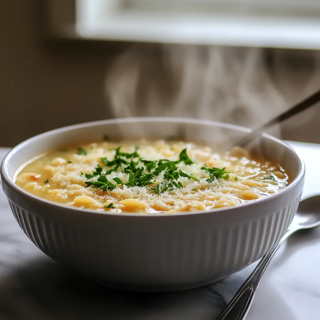 A steaming bowl of pastina soup topped with Parmesan cheese and fresh herbs, served in a wooden bowl.