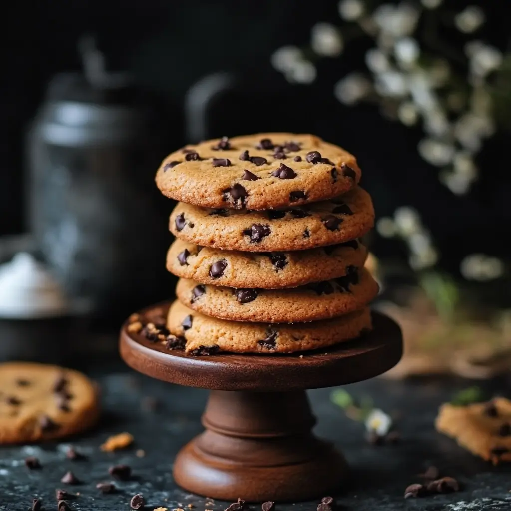 Golden-brown chocolate chip cookies stacked high on a rustic wooden stand with a blurred background.