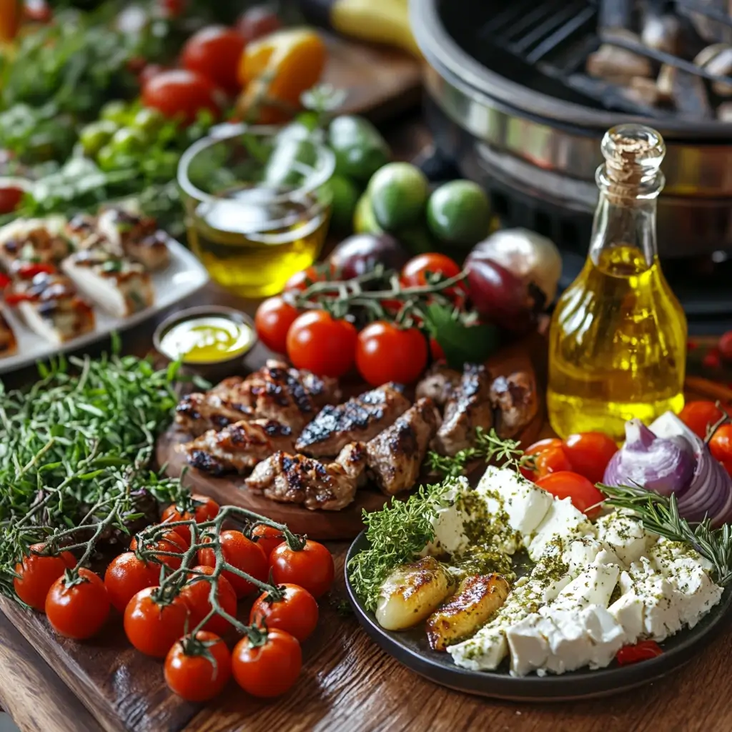 A beautifully arranged Greek kitchen scene featuring grilled meat, feta cheese with herbs, fresh cherry tomatoes, olive oil, and aromatic herbs on a rustic wooden table.