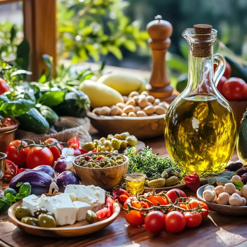 A rustic Greek kitchen table filled with fresh ingredients, including olive oil, feta cheese, tomatoes, cucumbers, olives, chickpeas, and aromatic herbs, illuminated by warm Mediterranean sunlight.