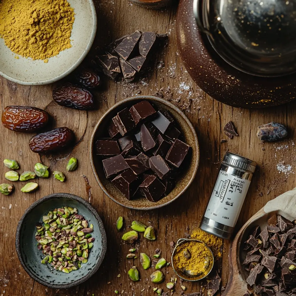A flat lay of Dubai chocolate ingredients, including dark chocolate chunks, saffron, cardamom, rose water, chopped dates, and pistachios, arranged on a rustic wooden surface.
