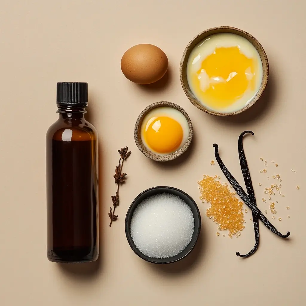 A flat lay of key crème brûlée ingredients, including a bottle of vanilla extract, egg yolks in ceramic bowls, a whole egg, granulated sugar, golden sugar crystals, and split vanilla beans, arranged on a neutral beige background.