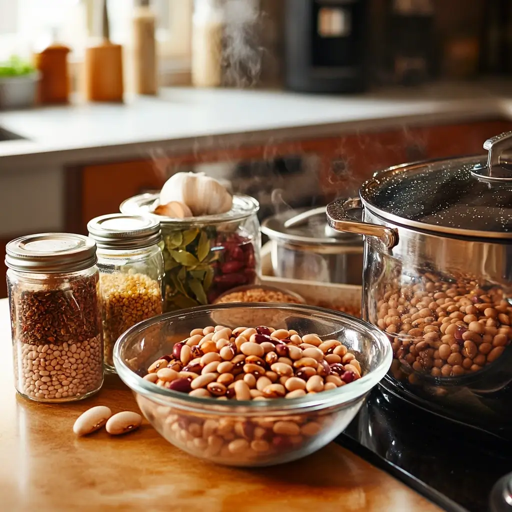 A warm kitchen scene featuring a glass bowl of soaked beans, a steaming pot on the stove, and jars of dried legumes, herbs, and spices on the counter.