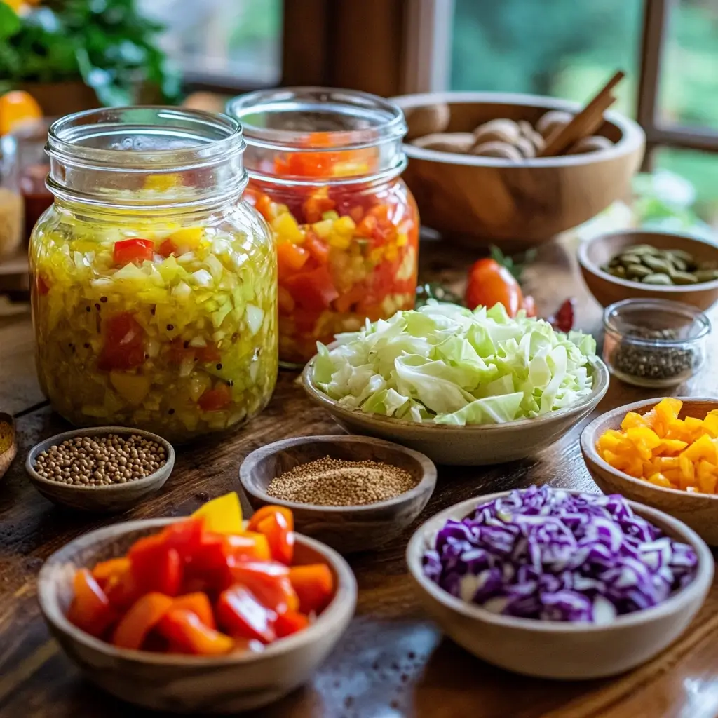 A rustic kitchen scene with jars of homemade Chow Chow relish, surrounded by bowls of freshly chopped vegetables, including cabbage, red and yellow peppers, and purple cabbage, along with aromatic spices like mustard seeds and coriander.