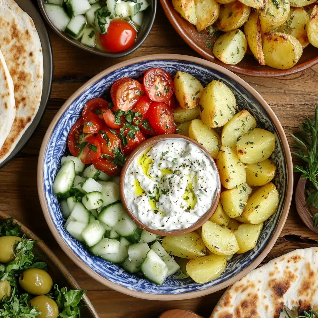 A beautifully plated Greek food spread featuring tzatziki, roasted lemon potatoes, fresh tomato and cucumber salad, pita bread, and olives, showcasing easy-to-make Greek dishes.
