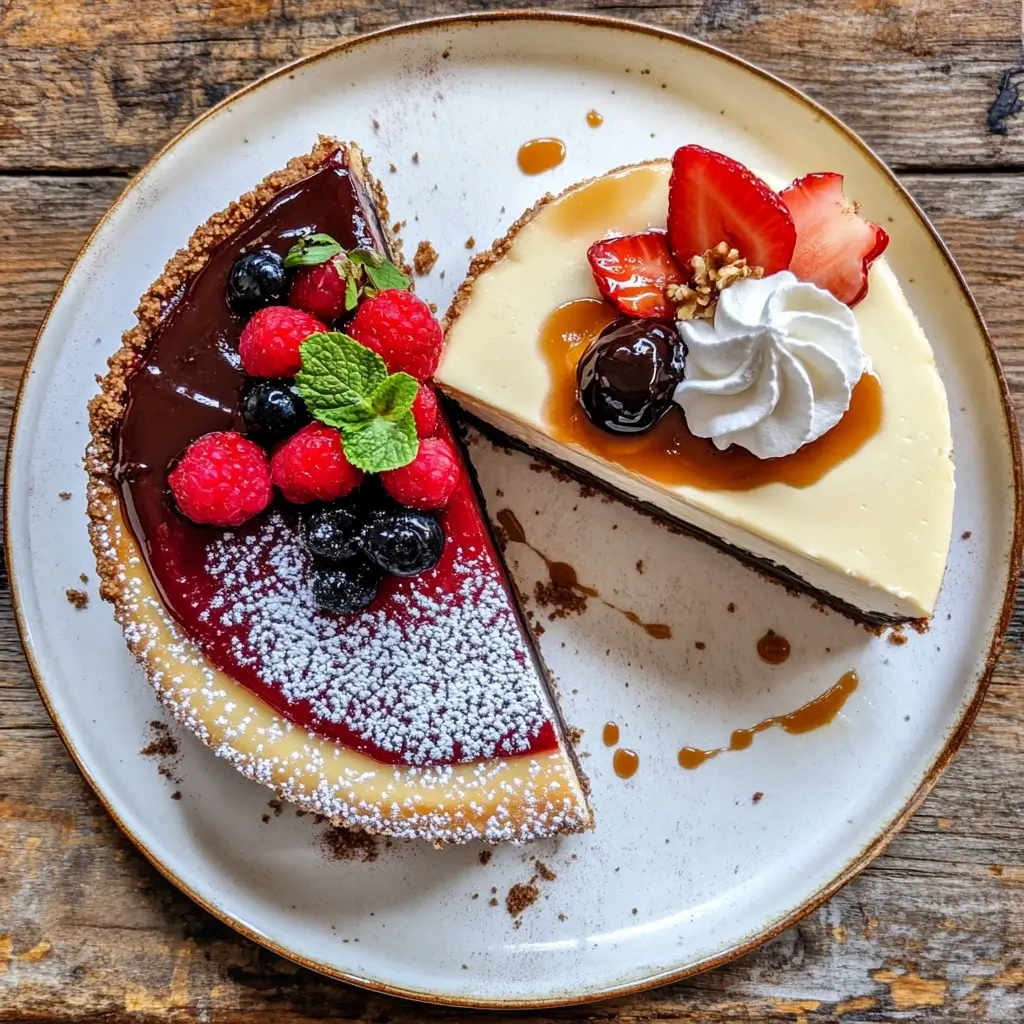 A beautifully plated dessert featuring two slices of cheesecake. One slice is a New York-style cheesecake garnished with a drizzle of caramel, fresh strawberries, whipped cream, and cherries. The other slice is a classic cheesecake topped with a vibrant berry compote, fresh raspberries, blueberries, and mint leaves, dusted with powdered sugar. Both are served on a rustic wooden table.