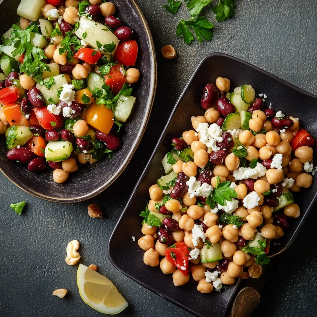 A colorful bean salad served in black bowls, featuring chickpeas, red kidney beans, diced cucumbers, cherry tomatoes, parsley, and crumbled feta cheese, garnished with lemon wedges and nuts.