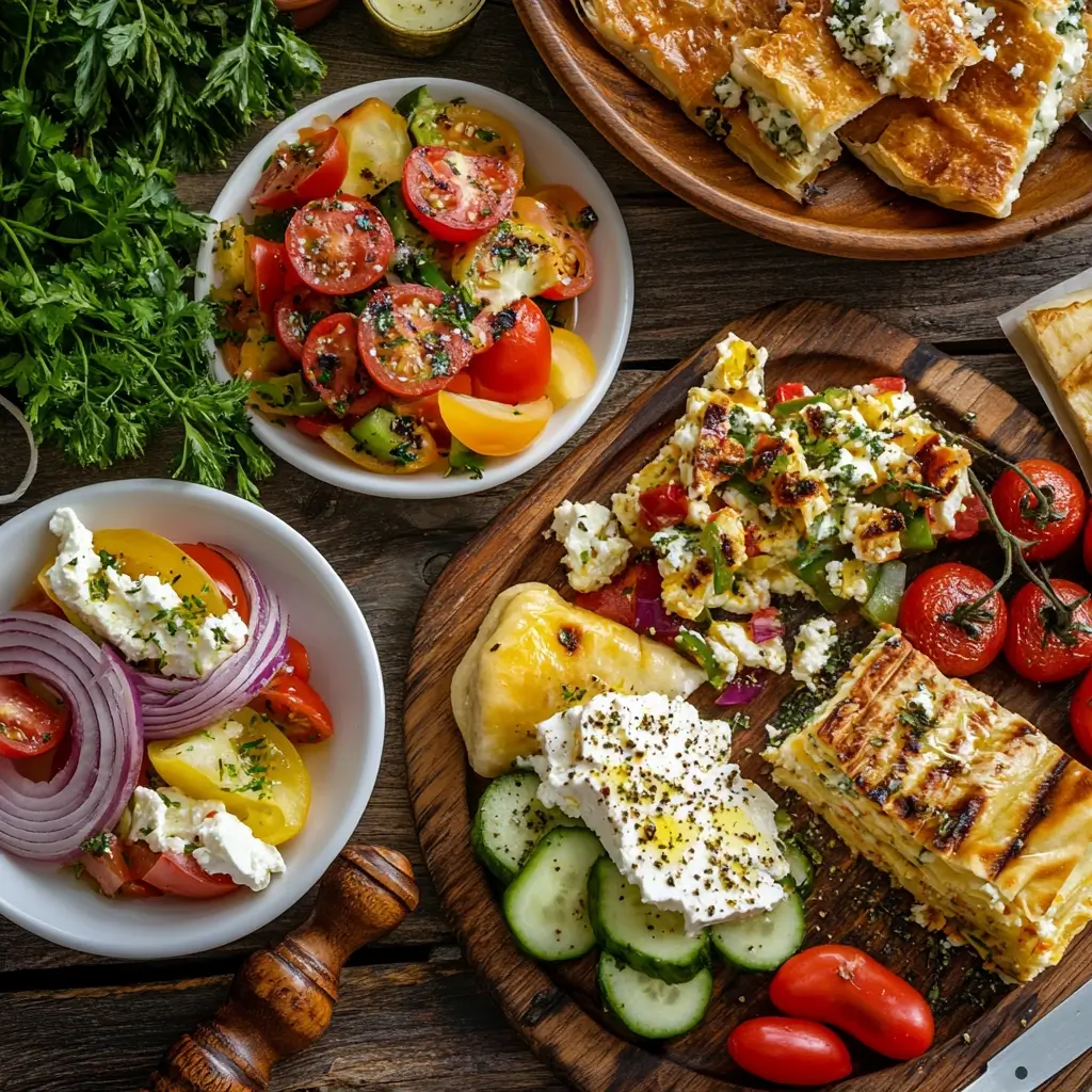 A vibrant spread of classic Greek dishes, including Greek salad, spanakopita, grilled vegetables, feta cheese, and traditional baked pastitsio, arranged on a rustic wooden table.