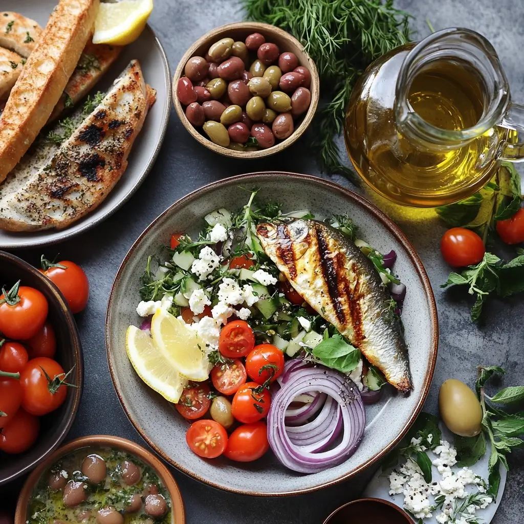 A beautifully plated Mediterranean meal featuring a fresh Greek salad with cherry tomatoes, cucumbers, red onions, feta cheese, and grilled fish. Surrounded by olives, olive oil, crusty bread, and herbs, the setting highlights the wholesome ingredients of the Mediterranean diet.