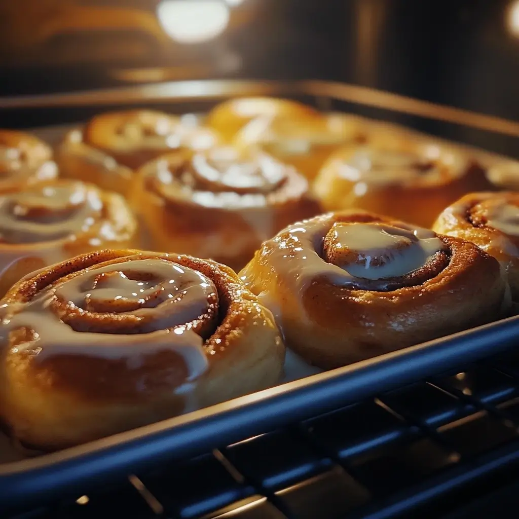 Cinnamon rolls baking in an oven