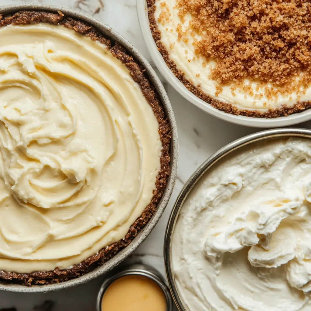 A close-up of three creamy cheesecake variations displayed in bowls, showcasing different textures and toppings, including smooth cream cheese filling, brown sugar crumble, and whipped cream.