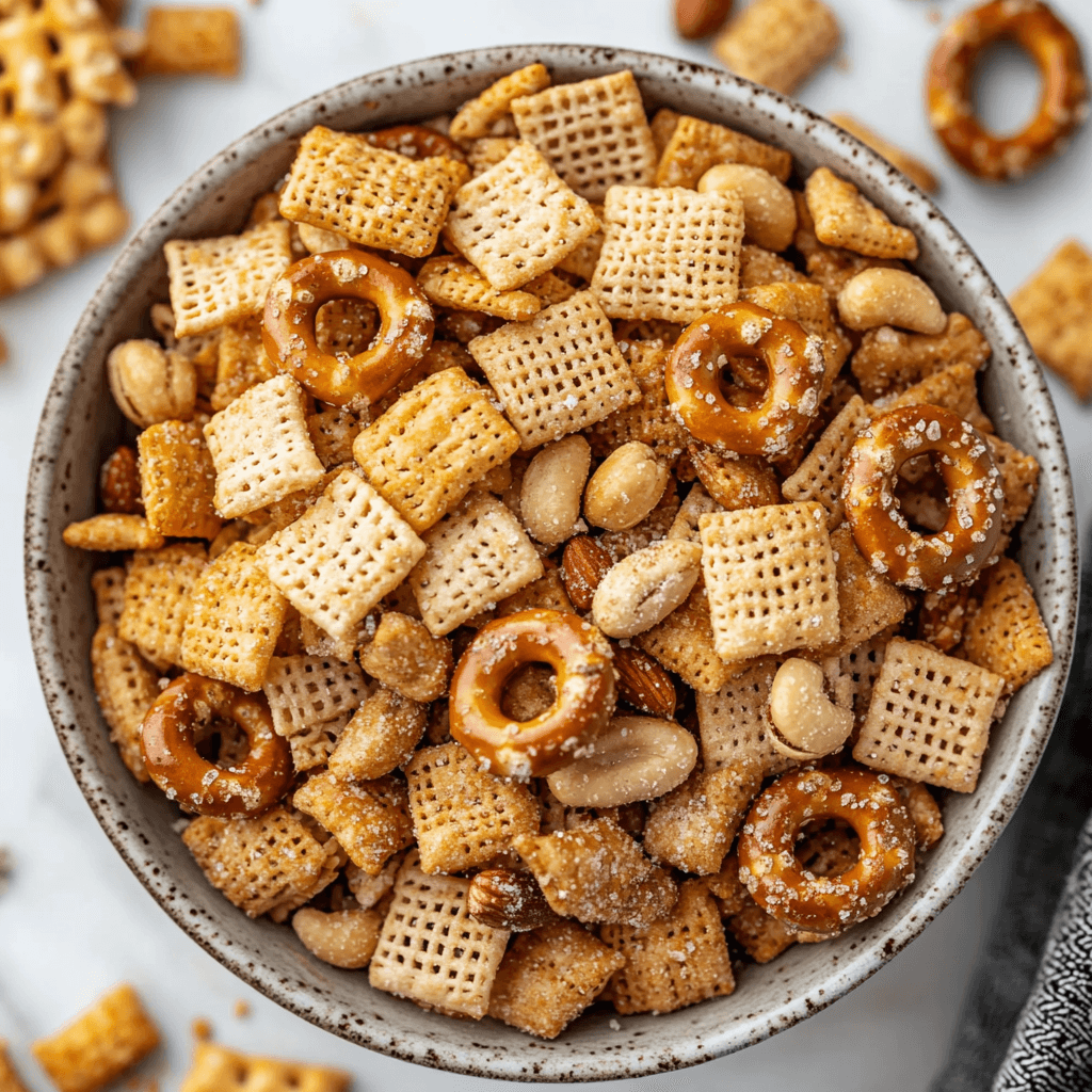 Bowl of crunchy Chex Mix featuring Corn Chex, Rice Chex, Wheat Chex, pretzels, roasted nuts, and dry crackers with a perfect crispy texture, surrounded by dry seasonings.