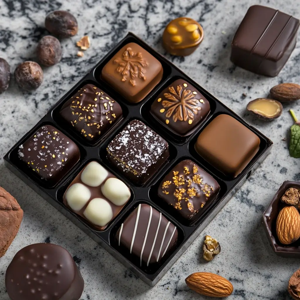 Collection of Dubai chocolate varieties including dark chocolate with roasted almonds, milk chocolate with camel milk, vegan and sugar-free options, and limited edition seasonal chocolates featuring dates, figs, and intricate packaging.
