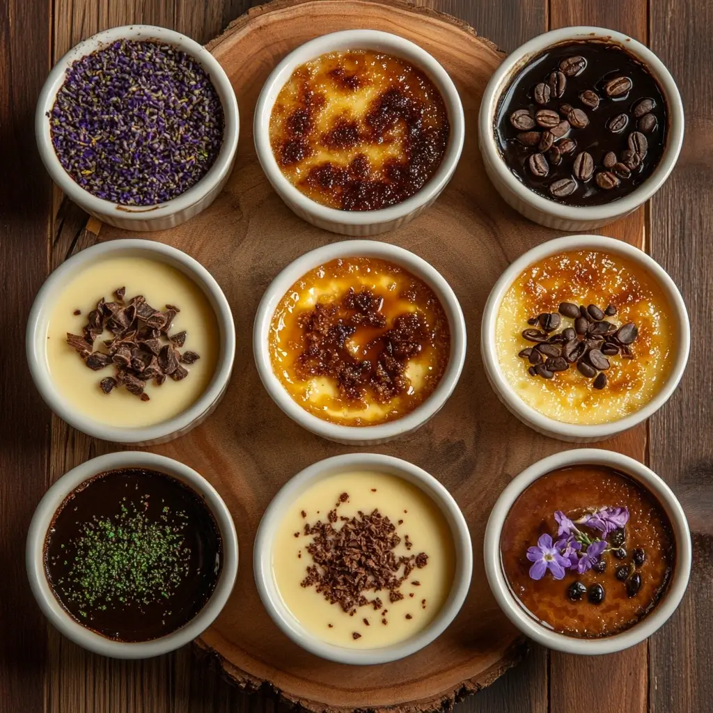 A collection of crème brûlée variations in small ramekins, each with unique toppings such as chocolate shavings, coffee beans, lavender, and caramelized sugar, arranged on a rustic wooden surface.