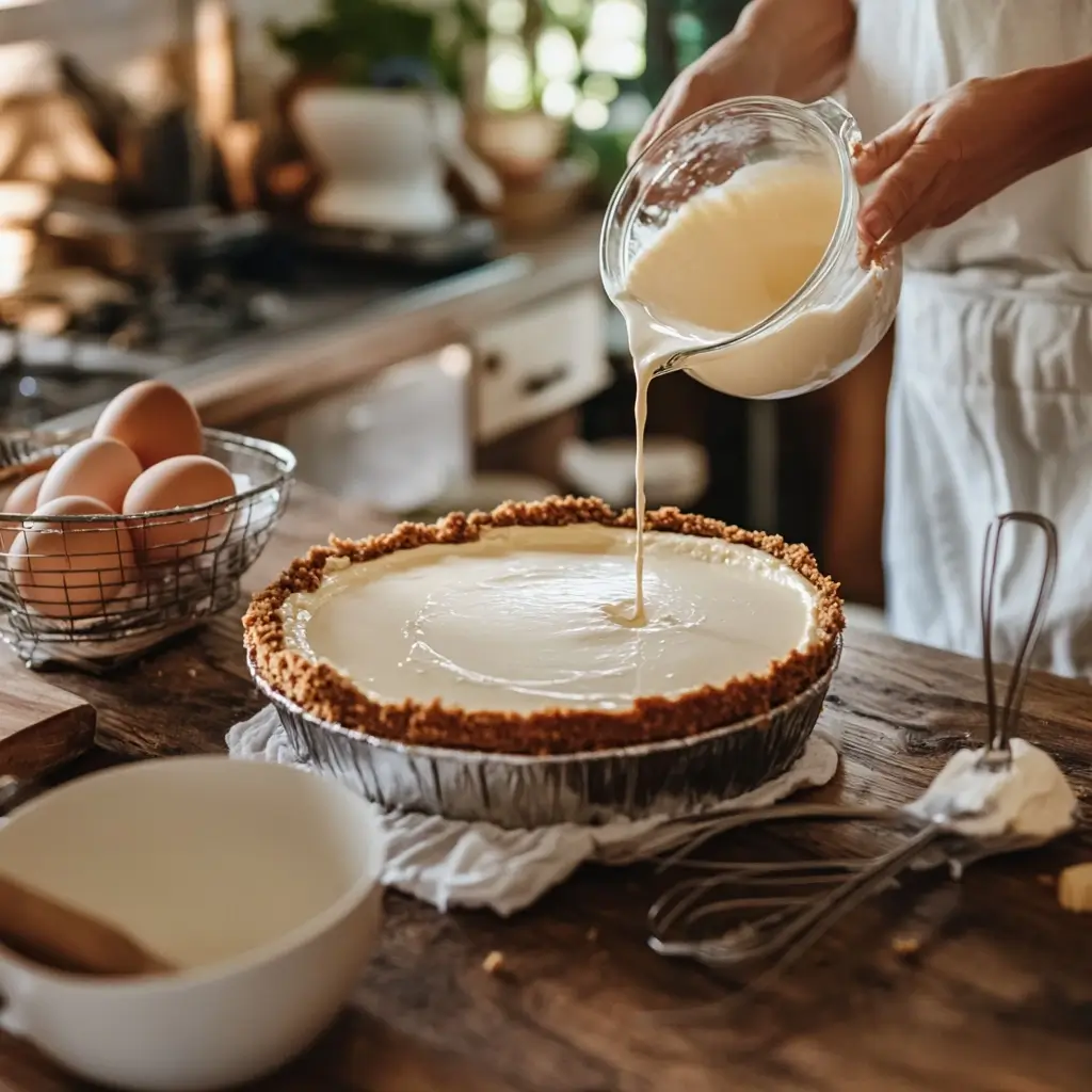 A home baker pouring creamy cheesecake filling into a graham cracker crust in a rustic kitchen setting. Fresh eggs in a wire basket, a whisk, and a mixing bowl are visible on the wooden countertop.