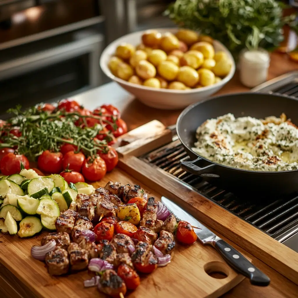 A cozy kitchen scene featuring essential Greek cooking tools, including a sharp knife, cutting board, mixing bowl, and casserole dish. A grill pan with sizzling souvlaki, alongside a fresh Greek salad, creamy tzatziki, and golden roasted lemon potatoes.