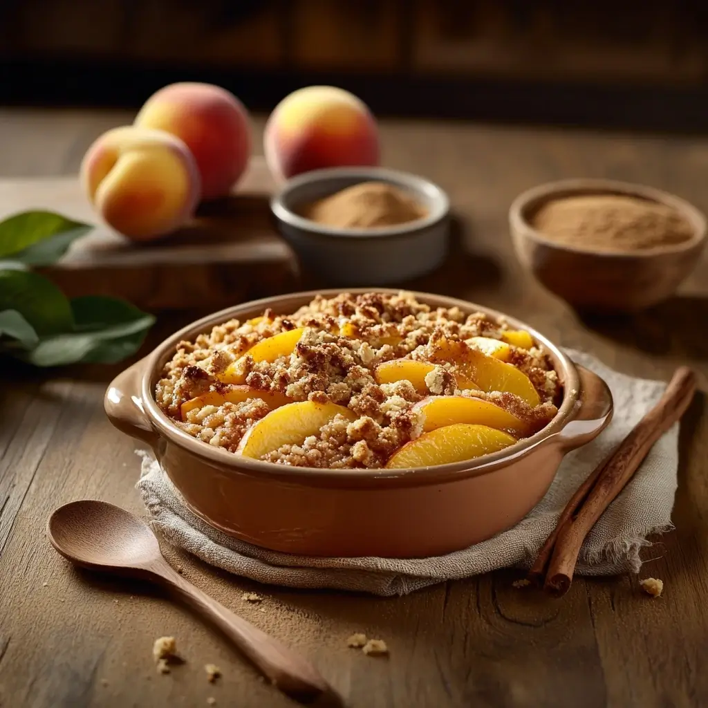 A freshly baked peach crumble with golden-brown crumble topping and juicy caramelized peaches, served with a scoop on a dessert plate. A wooden spoon, fresh peaches, cinnamon sticks, and brown sugar add to the cozy kitchen setting.