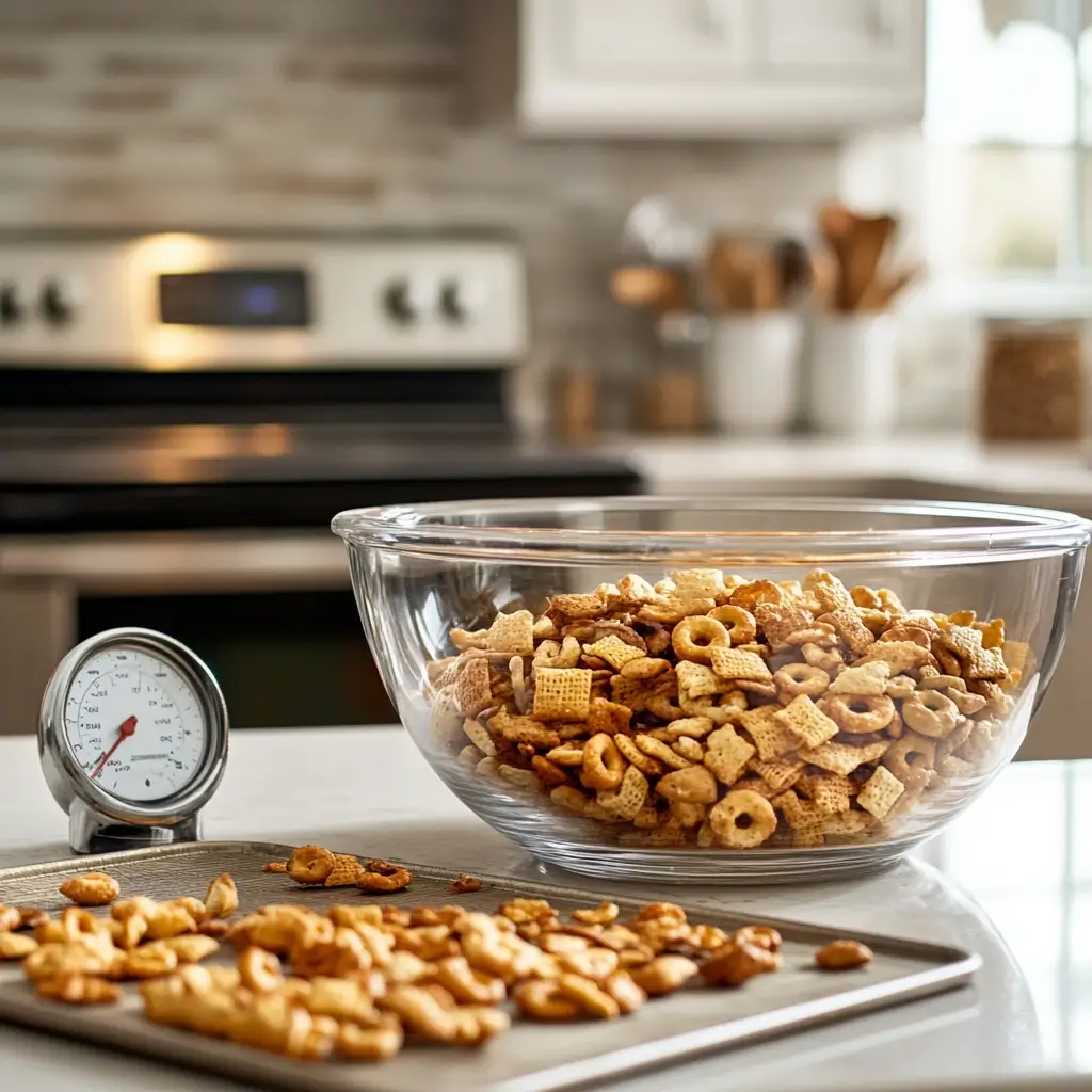 Essential kitchen tools for making Chex Mix: a large mixing bowl with ingredients, a baking sheet lined with parchment paper, and an oven thermometer on a countertop.