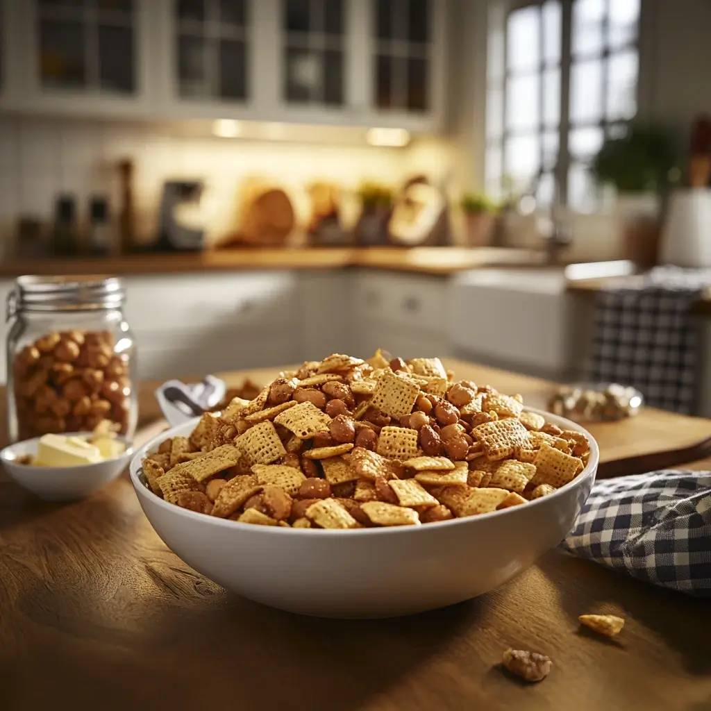 A bowl of homemade Chex Mix with nuts, placed on a rustic wooden kitchen table. A jar of peanuts, a small dish of butter, and a cozy kitchen setting with warm lighting are visible in the background.