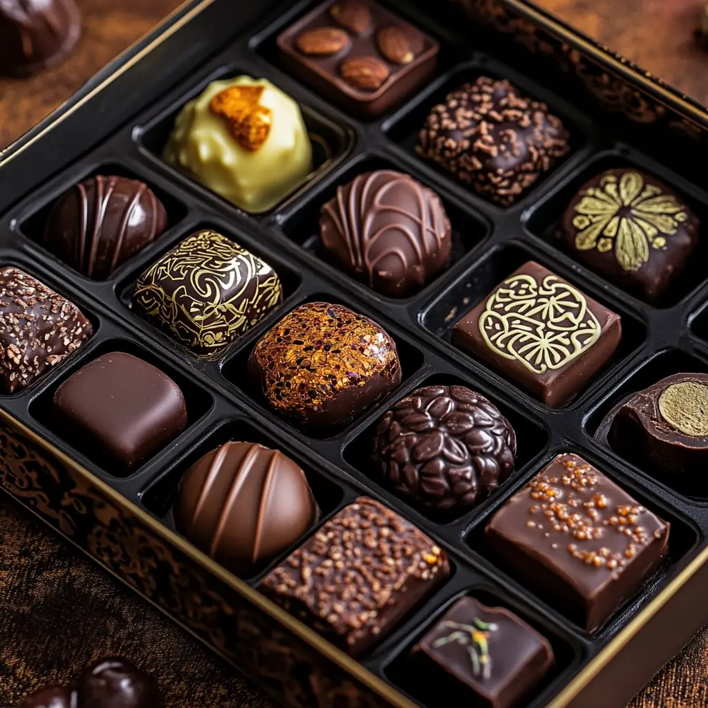 A luxurious box of Dubai-inspired chocolates featuring intricate Middle Eastern designs, infused with regional flavors like dates, nuts, Arabic coffee, saffron, and cardamom.