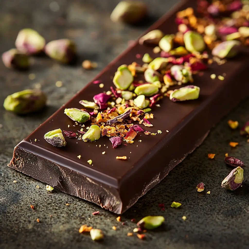 A luxurious dark chocolate bar topped with crushed pistachios, dried rose petals, and caramelized nuts, resting on a textured dark surface.