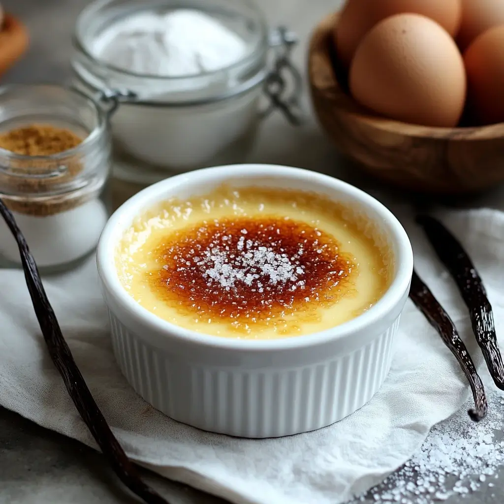 A close-up of a crème brûlée in a white ceramic ramekin with a golden caramelized sugar crust, slightly cracked to reveal the creamy custard inside. Surrounding the dessert are key ingredients: a jar of heavy cream, raw egg yolks in a wooden bowl, a vanilla bean pod, and granulated sugar. Warm, soft lighting creates a cozy, inviting atmosphere.