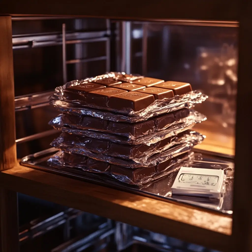 A stack of Dubai chocolate bars wrapped in wax paper and aluminum foil, stored in an airtight container with a thermometer and silica gel packet for optimal preservation.