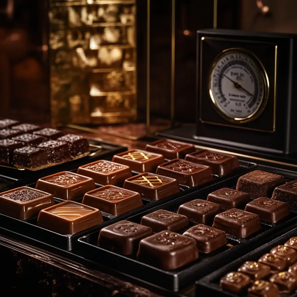 A luxurious display of handcrafted chocolates, neatly arranged in black trays with elegant gold accents. A temperature gauge in the background ensures ideal storage conditions, highlighting the importance of proper chocolate preservation.