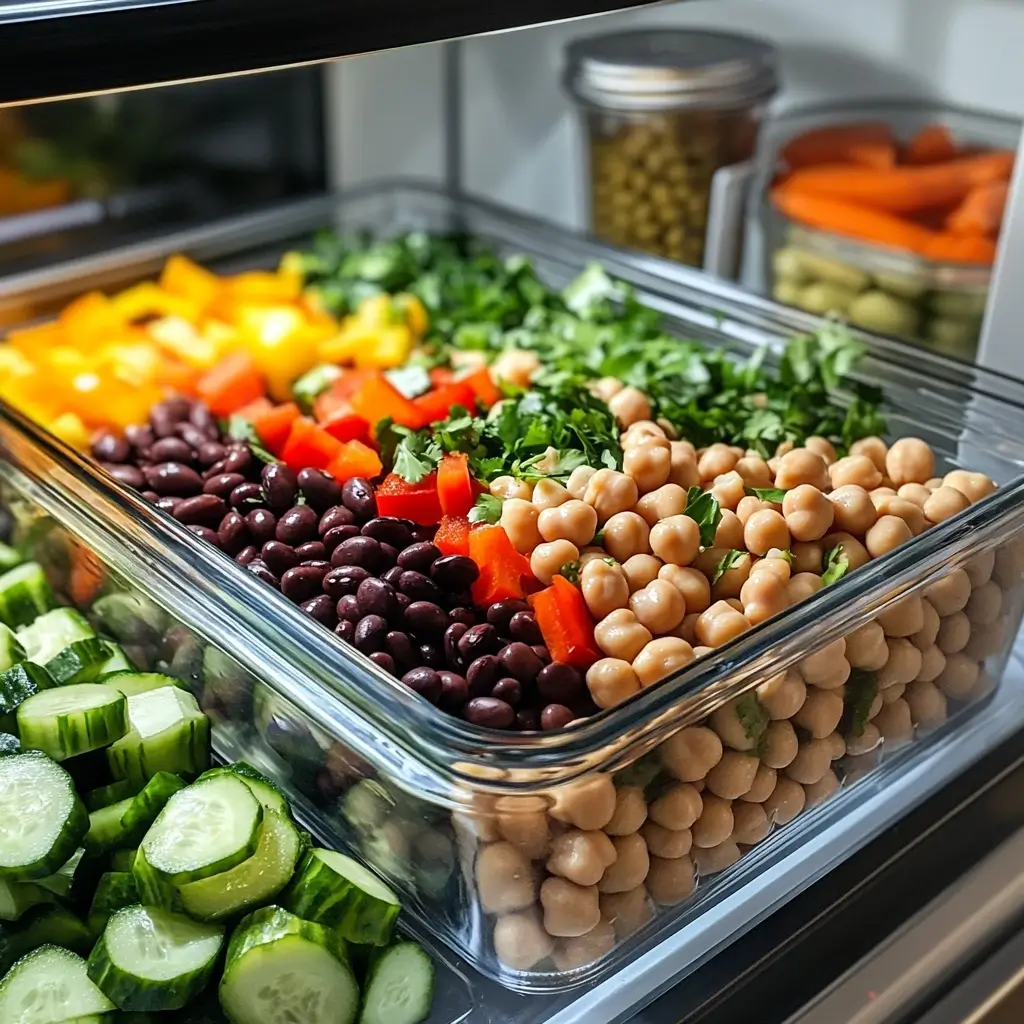 A vibrant bean salad in a glass airtight container inside a well-lit refrigerator, featuring chickpeas, black beans, diced bell peppers, cucumbers, and fresh herbs, with a small dressing container beside it.