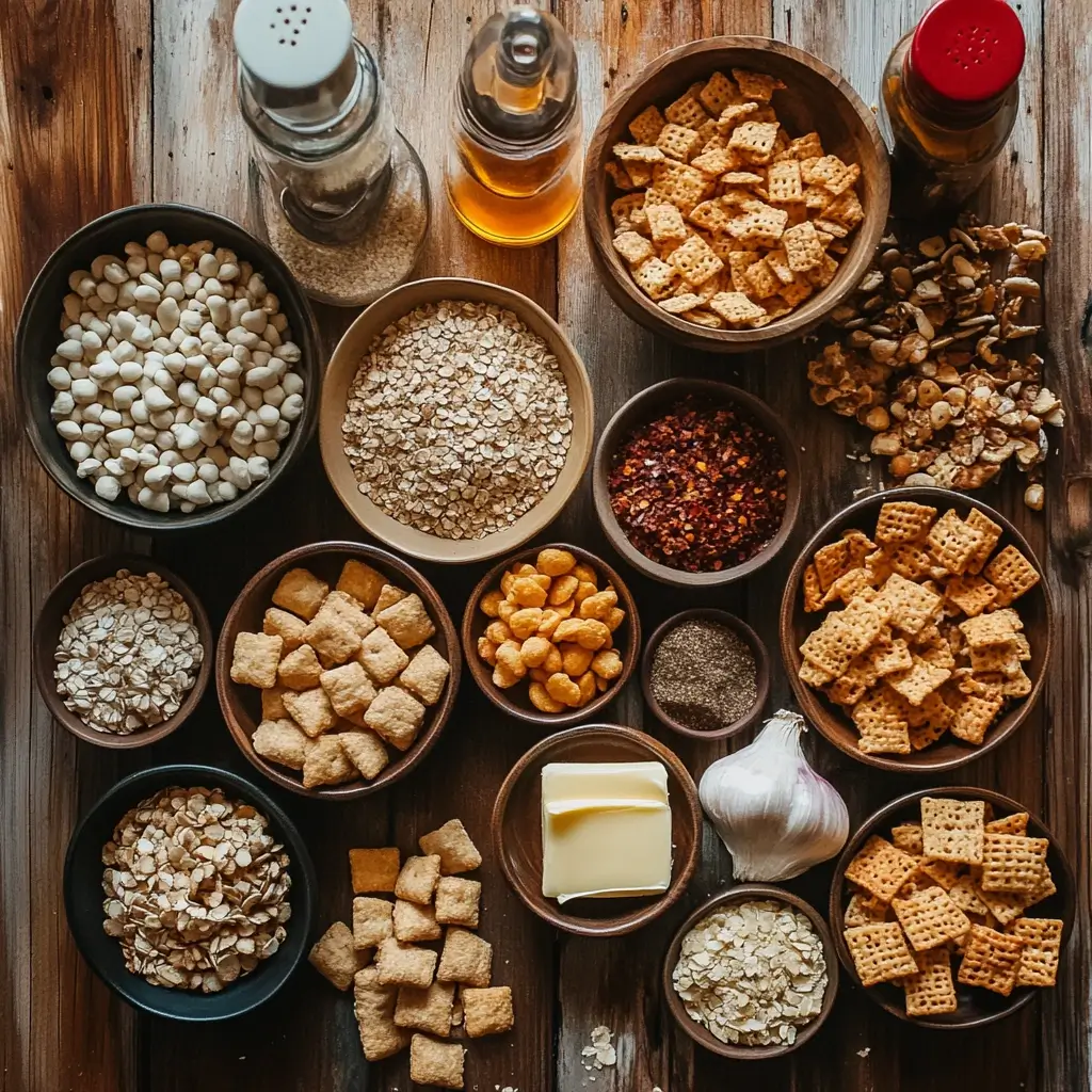A neatly arranged flat lay of ingredients for homemade Chex mix, including cereal squares, pretzels, nuts, butter, garlic, oats, and seasonings on a rustic wooden table.